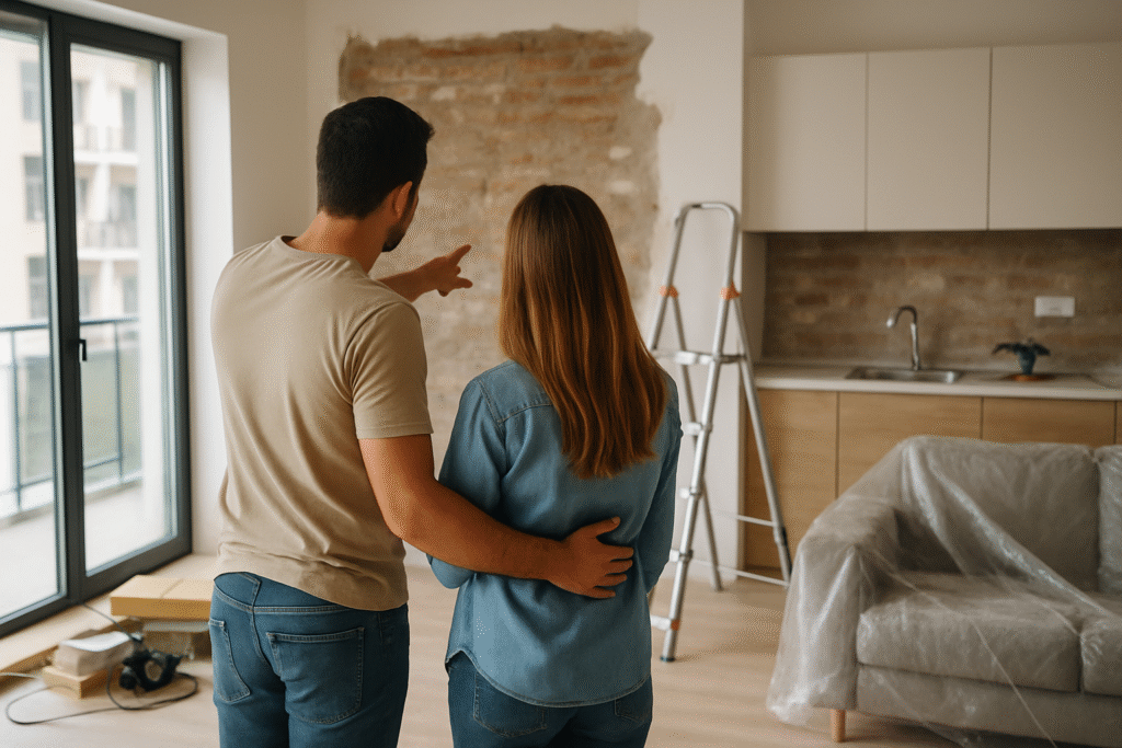 Casal analisando reforma de apartamento em ambiente moderno