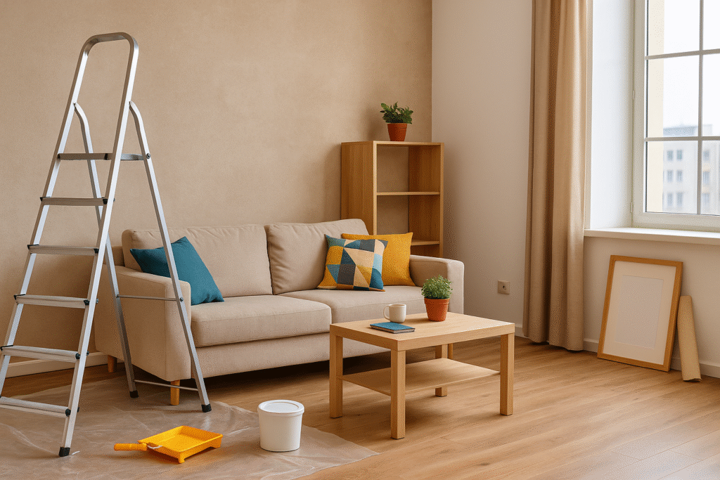 Sala sendo reformada com tinta e decoração simples durante reforma econômica de apartamento
